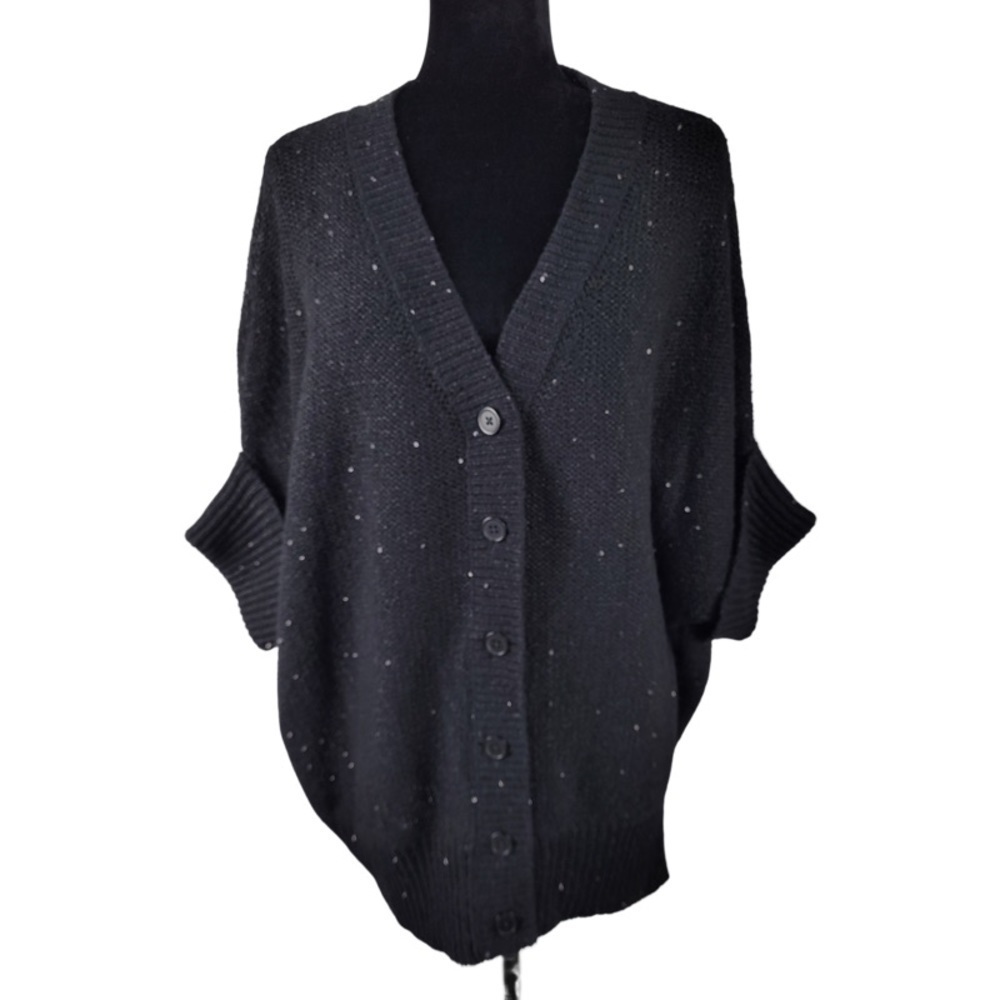 ✅ NWT Talbots sequin black buttoned cardigan sweater dolman elbow sleeve L